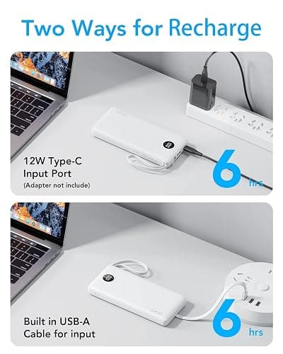 VRURC Portable Charger Power Bank, 10000mAh Travel Essentials Battery Pack, 5 Outputs 2 Inputs Slim Charing Bank Built-in Cables Cords Wires Compatible with iPhone,Samsung,Android-White(1 Pack) thumbnail 7