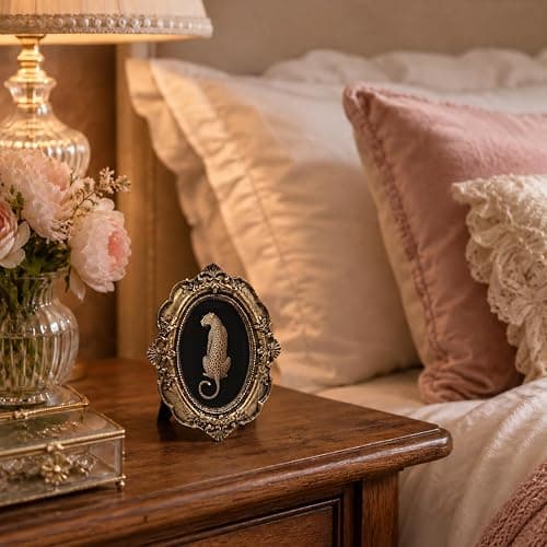 Dimurela Vintage Cheetah Leopard Small Oval Picture Frame, Dark Academia Black Bronze Photo Frame, Trendy Preppy Mini Tabletop Wall Decor Art for Shelf Desk Bedroom Living Room Girls Home 3.9x4.7in thumbnail 5