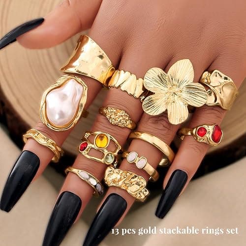 KISS WIFE Golden Chunky Rings Set for Women, Big Flower Artificial Crystal Baroque Pearl Irregular Stackable Knuckle Rings Pack, Vintage Chunky Jewelry Gift thumbnail 2
