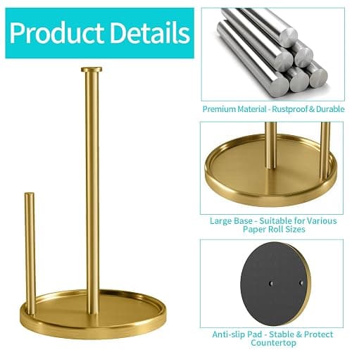 Paper Towel Holder Countertop, Standing Paper Roll Holder with Anti Slip Weighted Base, Stainless Steel Freestanding Paper Towel Holder for Kitchen, Gold thumbnail 6
