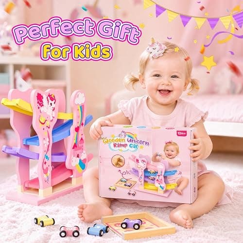 Toyzey Wooden Toys Cars Ramp Race Tracks, Unicorn Gifts for Girls Age 1 2 3 Year Olds Girl for 1 2 3 Year Olds Toddler Toy Age 1 2 Montessori Toys for 1 Year Old Birthday Gifts Baby Toy Pink thumbnail 7
