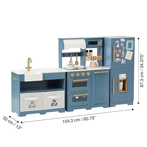 Teamson Kids Little Chef Atlanta Modular Wooden Play Kitchen, 3-Piece Pretend Set with 17 Accessories, Blue/White/Gold, Realistic Features for Toddlers & Kids, Cocina de Juguete Moderna thumbnail 3