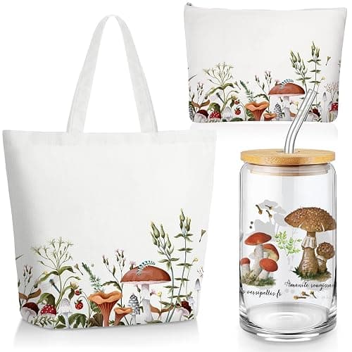 FoldTier 3 Pcs Plant Lover Gifts for Women, Thanksgiving Aesthetic Gifts for Mom, Grandma, Floral Canvas Tote Bag, 16 oz Coffee Cup with Straw Lid, Makeup Bag for Baby Shower, Wedding(White,Mushroom) - Image 1