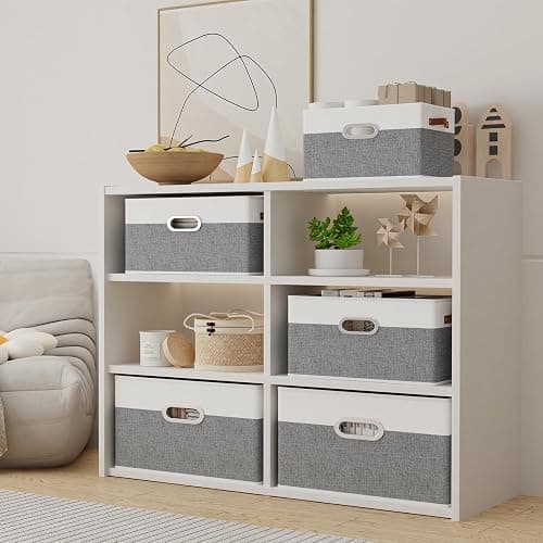 Yawinhe Fabric Storage Baskets, Foldable Closet Organizer for Shelves, Large Boxes with 3 Handles, Canvas Bins for Clothes, White/Grey, 12.99''Lx9.05''Wx7.87''H, 4-Pack thumbnail 4