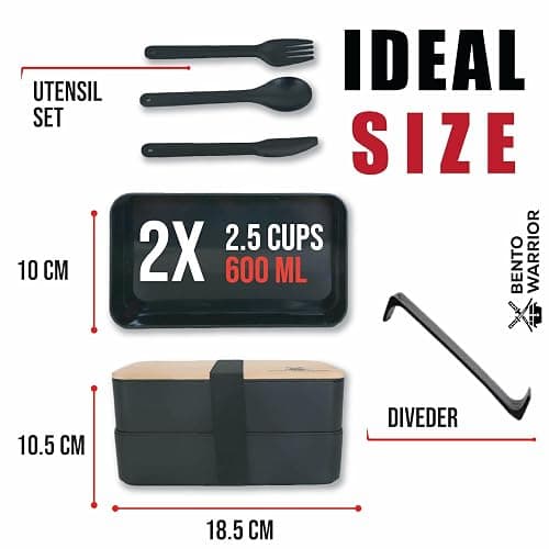 Bento Box Adult Lunch Box Set with Compartments – Stackable Dual-Layer Lunch Containers for Men & Women, Lightweight & Durable, Black Base & Wood Grain Lid, for Work, School, Travel, Meal & Prep thumbnail 2
