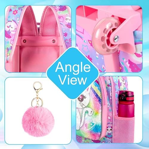KLFVB Rolling Backpack for Girls Boys, Kids Roller Wheels School Bookbag with Lunch Bag, Wheeled School Bag for Children thumbnail 5