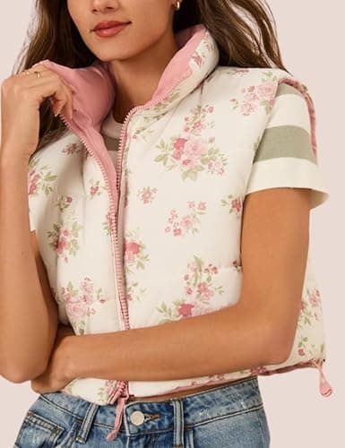 InterNos Womens Cropped Floral Print Puffer Vest Lightweight Stand Collar Zip up Sleeveless Winter Padded Coats thumbnail 4
