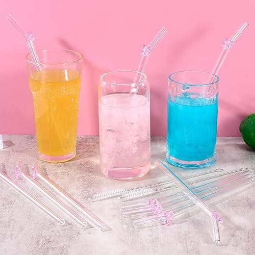 10 Pcs Reusable Pink Bow Glass Straws,9''x10 mm Bent Cute Glass Straws Shatter Resistant with Charms for Smoothies,Milkshake,Teas,Juice Drinks thumbnail 5