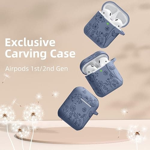 Lerobo Flower Engraved Case for AirPods Case Cover, Stylish Soft Silicone Protector with Keychain, Compatible with Apple AirPods 1st/2nd Generation Charging Case, Front LED Visible, Blue Gray thumbnail 2