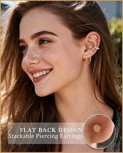 Gemtastic Tragus Helix Conch Piercing Jewelry Flat Back Cartilage Earrings for Women Daith Rook Piercings thumbnail 4
