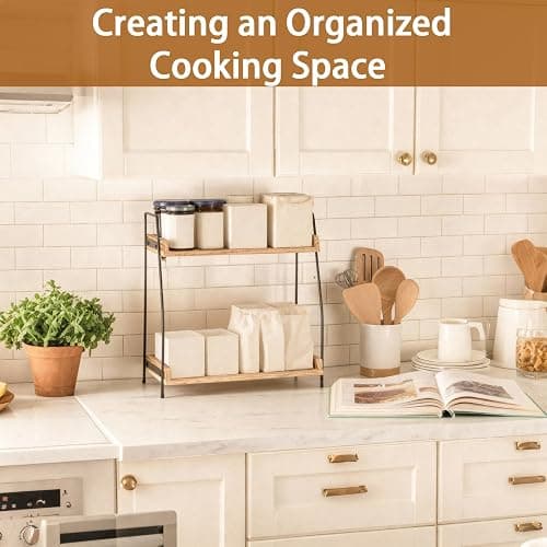 2 Tier Coffee Station Organizer for Countertop Coffee Bar Accessories and Organizer, Wooden Kitchen Counter Shelf Coffee Condiment Storage for Bathroom, Kitchen, Coffee Bar, Holiday Decorations thumbnail 6