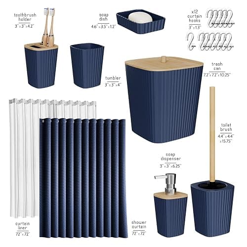 Clara Clark Bathroom Accessories Set - Navy Bathroom Set, 20PC Bathroom Accessory Set, Shower Curtain Set, Toilet Brush, Trash Can & Soap Dispenser - Complete Set - Navy Blue thumbnail 3