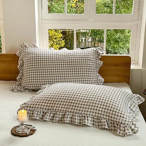 NSNLGSGC Tan Ruffled Plaid Gingham Standard Size Pillow Shams 20"x26", Set of 2 Taupe Checked Pre-Washed Microfiber Farmhouse Pillowcases for Bed/Sofa (20"x26", Tan Gingham) - Image 1