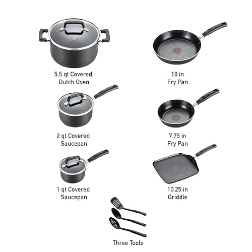 T-fal Signature Nonstick Cookware Set 12 Piece, Oven Broiler Safe 350F, Pots and Pans, Kitchen Cooking Set w/Fry Pans, Saucepans, Saute Pan, Dutch Oven, Griddle, Kitchen, Home, Dishwasher Safe, Black thumbnail 2