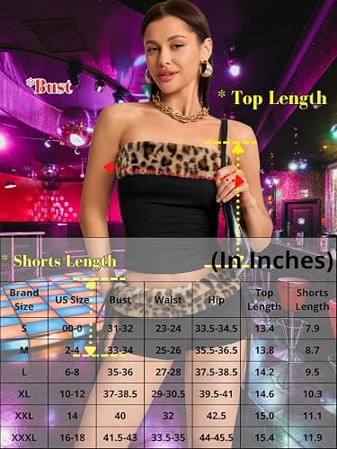 EHSUYAB 2000S Sexy 2 Piece Leopard Club Outfits, Ruched Tube Strapless Crop Top, Low Rise Booty Shorts Casual Going Out Rave thumbnail 6