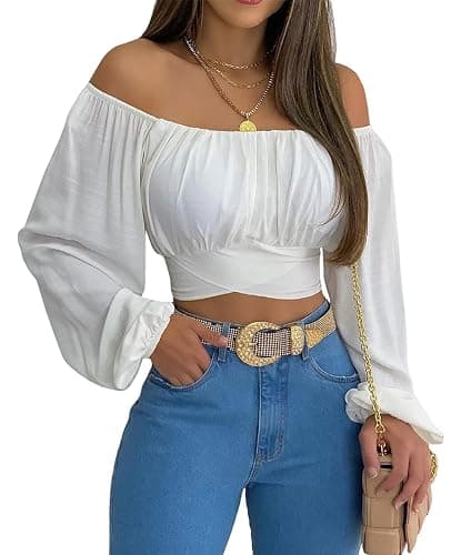 MIRACMODA Woman Off Shoulder Ruched Tie Back Crop Top Summer Lantern Sleeve Boho Shirt Blouse - Image 1