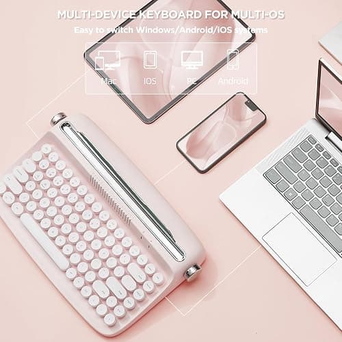 YUNZII ACTTO B303 Wireless Typewriter Keyboard, Bluetooth Connection, Cute Retro Aesthetic Design with Integrated Stand for Tablet, Phone, PC and Win/Mac/Android(B303, Baby Pink) thumbnail 5