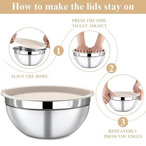Funnydin 7 Piece Stainless Steel Mixing Bowls with Lids Set - Khaki Nesting Metal Mixing Bowls for Kitchen, Sizes 4.5, 4, 3.5, 2.1, 1.5, 1.1, 0.7 Qt for Baking, Cooking and Serving, Dishwasher Safe thumbnail 5