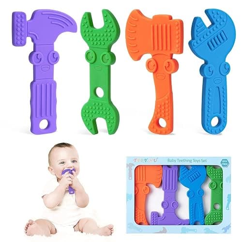 TYRY.HU Baby Teething Toys for Babies, Baby Teether Toys, BPA Free Silicone Baby Molar Teether Chew Toys, Hammer Wrench Spanner Pliers for Boys Girls, Soft-Textured, Easy to Hold & Clean, 4 Packs - Image 1
