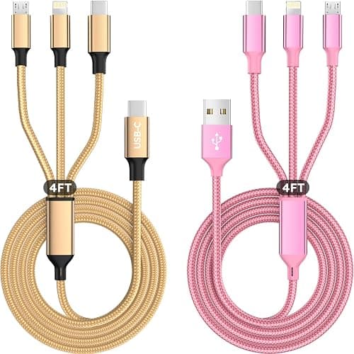 USB A + USB C Multi Charging Cable 4ft 2Pack 3 in 1 Charger Cord, Multiple Nylon Braided Cable USB Charging Cable Multi Phone Charger Cord with Type C Micro Lightning USB Connectors for Cell Phones - Image 1