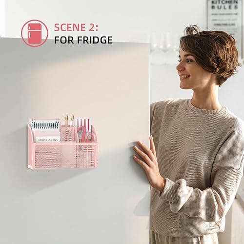 DALTACK Magnetic Pencil Holder - 3-Grid Mesh Pen Holder for Whiteboard, Refrigerator, Locker & Office - Pink thumbnail 5