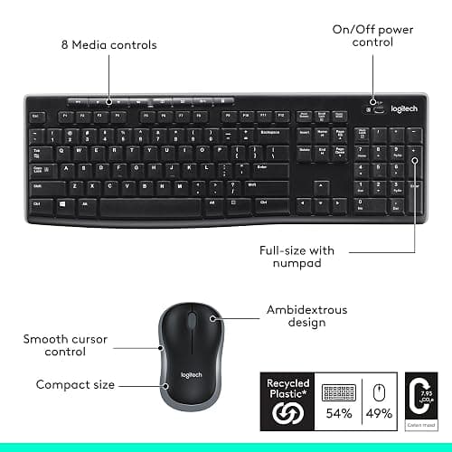 Logitech MK270 Wireless Keyboard and Mouse Combo for Windows, 2.4 GHz, 8 Multimedia Keys, PC, Laptop, Wireless Keyboard Compact Mouse Combo - Black thumbnail 7