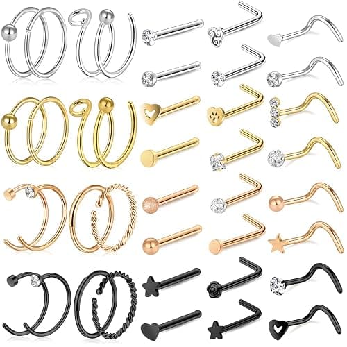 ONESING 35-70 PCS 18G 20G Nose Rings for Women & Men - Gold Hoops, L Shape, Studs & Screw - 316L Surgical Stainless Steel - Image 1