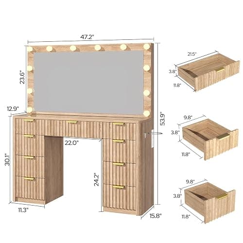 47" Fluted Vanity Desk with 42" Mirror & LED Lights, Large 9 Drawers Makeup Vanity Table with Tempered Glass Top & Charging Station, Waterfall Edge Design for Women&Girls, Bedroom or Dorm, Natural Oak thumbnail 2