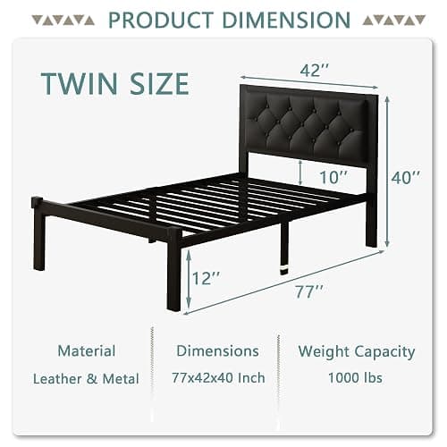 Feonase Twin Size Metal Bed Frame with Faux Leather Button Tufted Headboard, Heavy-Duty Platform Bed Frame with 12" Storage, Steel Slats Support, No Box Spring Needed, Noise Free, Black thumbnail 2