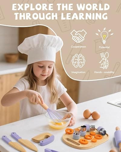 Wooden Kids Cooking Set Montessori Kit - Real Toddler Kitchen Tools & Baking Utensils - 30PCS Cooking Kit for Kids with Storage Bag, Great Gift for Pretend Play & Montessori Learning (Purple) thumbnail 5