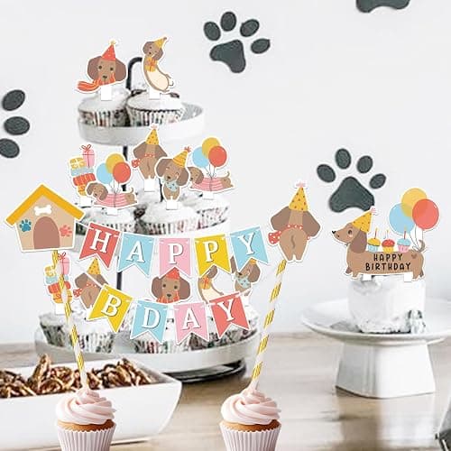 KARAQY Dachshund Dog Birthday Decorations - Wiener Dog Puppy Cupcake Toppers and Dog Lover Cake Bunting Topper Set thumbnail 4