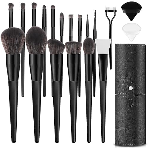 Professional Makeup Brush Set, LUXBRU 20PCs Makeup Brushes with Foundation Eyebrow Blending Concealer Blush Eyeshadow Contour Powder Brush, Make Up Brushes Kit with Travel Case & 2 Powder Puff-Black - Image 1