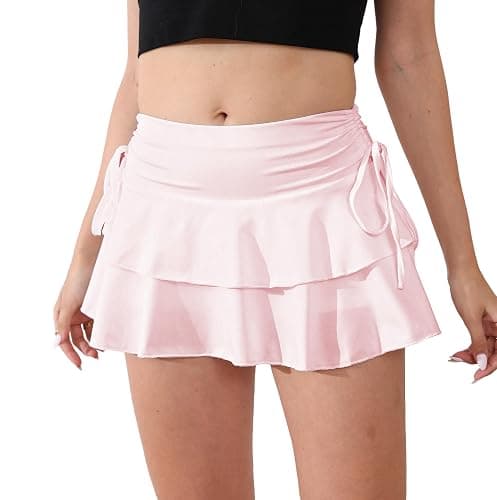 PRSFPN Women's Y2k Mini Ruffle Skirts with Shorts Tiered Layers Cute Elastic Waist Coquette Skort Drawstring Side Bow Tie thumbnail 2