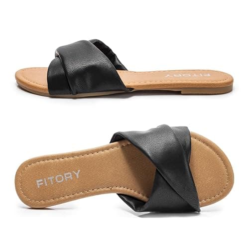 FITORY Women's Flat Sandals Fashion Slides With Soft Leather Slippers for Summer Size 6-11 thumbnail 3