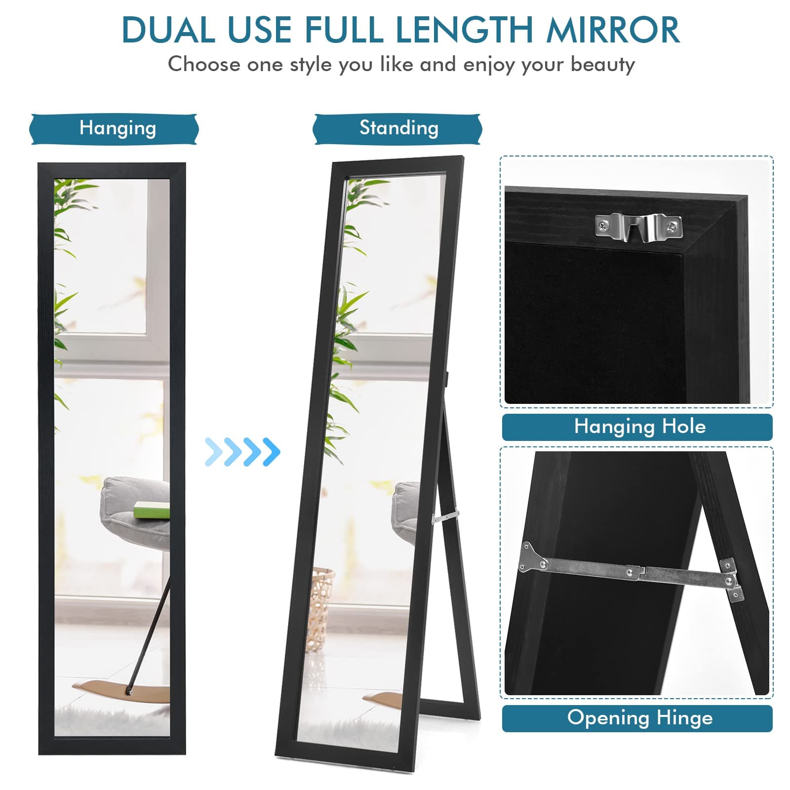 Giantex Full-Length Wood Mirror, Standing Mirror & Wall Mirror, Country House Style Cloakroom Mirror w/Wooden Frame, Free-Standing, for Bedroom, Living Room, Clothing Store (Black) thumbnail 3
