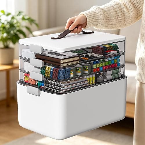 MOPUP 4-Tier Medicine Craft,Sewing,Art,Organizer Storage,Portable Latch Bin with Lid and Leather Handle,Pill Bottle, First Aid,Multipurpose Organizer with Removable Tray,A Household Essential thumbnail 2