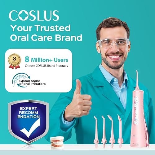 COSLUS Portable Water Flosser for Teeth: 4 Modes & 5 Intensity Levels Professional Electric Dental Pick for Sensitive Gums, Braces & Orthodontic - Cordless for Travel Use, for Adults, BPA-Free, Pink thumbnail 3