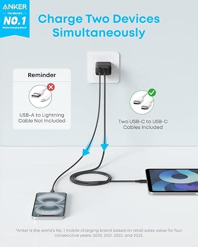 Anker iPhone 17/16 Charger, 2-Pack 20W Fast USB C Charger Block, for iPhone 16/16 Pro Max/15 Series/iPad Pro and More (Black, 2 Pack & 2 Cable) thumbnail 2