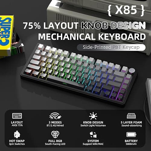 A.JAZZ x ATTACK SHARK X85 Gasket Mechanical Keyboard,75% Wireless Gaming Keyboard with Knob,5-Layer Padding,PBT Side-Printed Keycap,BT5.1/2.4Ghz/USB-C Wired,Hot-Swap Linear Switch,RGB,NKRO,for PC,MAC thumbnail 2