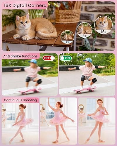 Digital Camera 4K for Kids-48MP Autofocus Vlogging Camera with 32GB Card, 16X Zoom, Anti-Shake, Compact Point and Shoot Camera for Teens Beginners, Birthday Gift Pink thumbnail 4