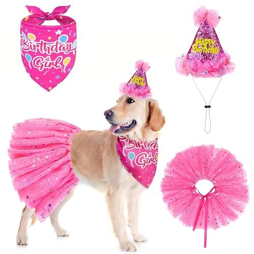 SCENEREAL Dog Birthday Bandana with Hat and Dress Girl Set, Large Dog Birthday Party Supplies, Cute Tutu Skirt Outfit for Medium Big Dogs, Rose Red XL - Image 1