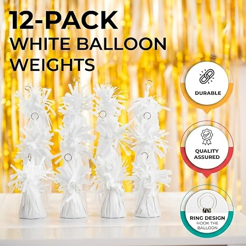 White Balloon Weights Pack of 12 with 5 Rolls White Crimped Ribbon, Well Made Durable Balloon Anchors for Parties, Birthdays, Weddings, and Professional Event Decorations thumbnail 5