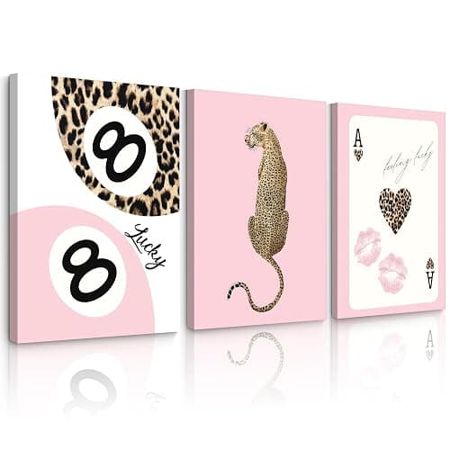 Cheetah Trendy Wall Art Preppy Leopard Canvas Print Cheetah Room Wall Decor 8 Ball Poster Y2k Pink Coquette Luxury Print Lucky Aesthetic Fashion Pictures for Bedroom 16x24x3 Inch Wrapped Canvas - Image 1