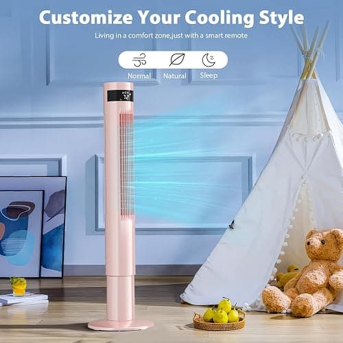 Antarctic Star 43 inch Tower Fan Portable Electric Oscillating Fan Quiet Remote Control Bladeless Floor Fan 3-Spped Wind Mode 12H Timer Bedroom Office Pink thumbnail 3
