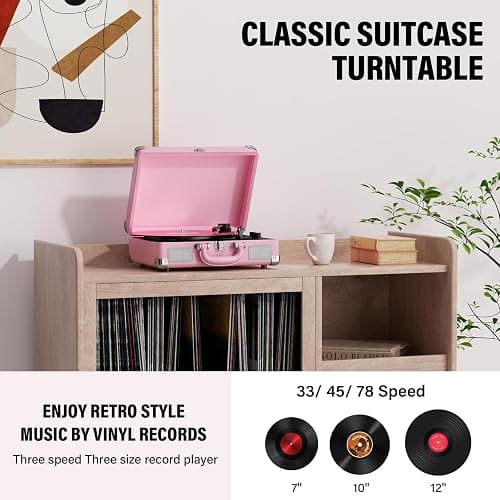 Vinyl Record Player 3-Speed Bluetooth Suitcase Portable Belt-Driven Record Player with Built-in Speakers RCA Line Out AUX in Headphone Jack Vintage Turntable,Pink thumbnail 6