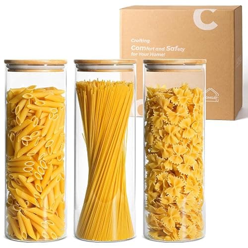 ComSaf Glass Spaghetti Pasta Storage Container with Lids 2 Qt Set of 3, Tall Clear Airtight Food Storage Jar with Wood Cover Kitchen Pantry Storage Container for Noodles Flour Cereal Coffee Beans - Image 1