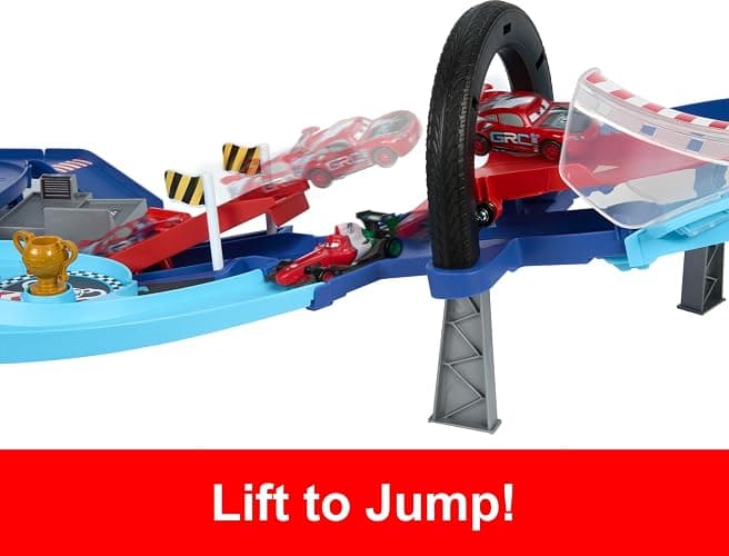 Mattel Disney and Pixar Cars Playset with 2 Toy Cars, Lightning McQueen & Francesco Bernoulli, GRC Jumping Raceway Track Set with Kid-Powered Booster thumbnail 4