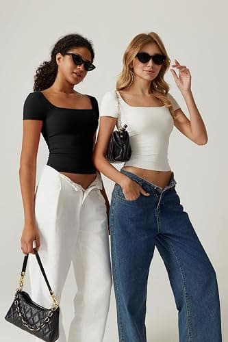 QINSEN Women's Square Neck Short Sleeve Double-Layer Tops Basic Slim Fit Going Out T Shirt thumbnail 6