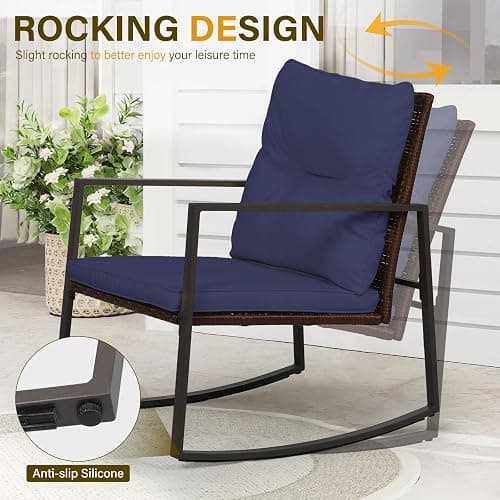 SUNCROWN 3 Piece Outdoor Rocking Bistro Set Brown Wicker Furniture Porch Chairs Conversation Sets with Glass Coffee Table, Dark Blue thumbnail 6