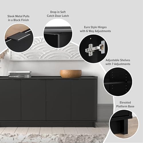 Prepac Simply Modern 4 Door Console Table Storage Cabinet, Buffet Cabinet for Storage and Organization, Modern Side Table with Doors & Shelves, 60”W x 30”H x 16”D, Black thumbnail 6